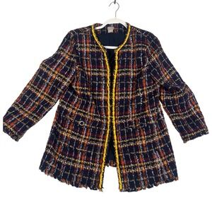 Chicos Jacket Blazer Tweed Plaid Yellow Chain Trim Navy Orange Women's Size 2